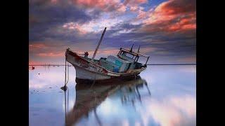 Fishing Boat at Cloudy Sky, Calm Seascape watercolor painting