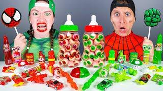 Green Food VS Red Food Challenge 레드 그린 푸드 챌린지 Hulk vs Spiderman Mukbang by KIKIMO