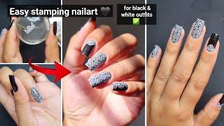 Easy stamping nailart  || Stamping nailart for black & white outfits  || Stamping nails at home