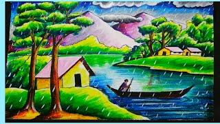 How to Draw Rainy season scenery / step by step scenery drawing / Rain Drawing/ Art by Sukanta