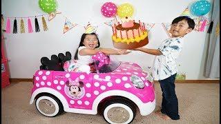 Surprise Happy Birthday Party and New Car Minnie mouse Ride-On Toy