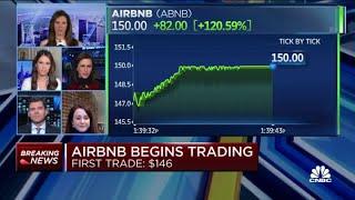 Airbnb begins trading at $146 per share, more than double its IPO price