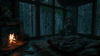 Dark Room In Thunderstorm Night | Crackling Fireplace, Heavy Rain and Thunder Sounds To Sleep, Rest