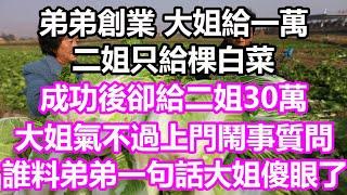 弟弟創業，大姐給一萬，二姐只給棵白菜，成功後卻給二姐30萬，大姐氣不過上門鬧事質問，誰料弟弟一句話大姐傻眼了#淺談人生#民間故事#為人處世#生活經驗#情感故事#養老#花開富貴#深夜淺讀#幸福人生