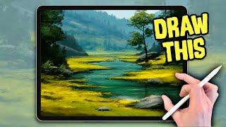 EASY PROCREATE Landscape Drawing Tutorial - Summer River