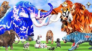 10 Mammoth Elephant vs 10 Elephant Buffalo vs Giant Tiger Wolf Fight Cow Lion Cub Saved by Mammoth