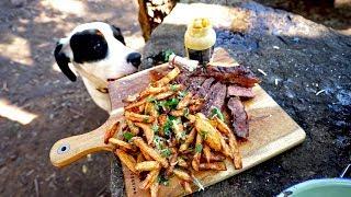 MY ULTIMATE STEAK AND FRIES over a fire camping - dry aged ribeye