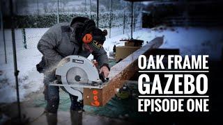 Oak Frame Gazebo Ep:1 Power tools galore and some big Oak Beams!