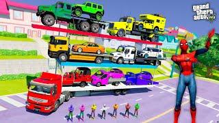 GTA V Colored Spiderman Team Loading Awesome Cars & Trucks Into A huge Trailer