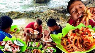 Spicy Seafood|| Hunting, Cooking & Mukbang at Beach  OCTOPUS & SEASHELLS for eating delicious