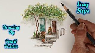 Drawing of front view of house with pencil and pastels color.