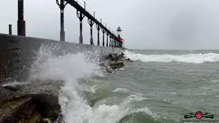 Winter Storm & Big Waves Hitting Michigan City Lighthouse 4K Drone Footage