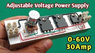 Powerful Adjustable Voltage Power Supply. 0-60V 30Amp. Using 5200 Transistor. DIY Project.