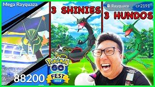 80 Mega Rayquaza Raids with 3 Hundos and 3 Shinies Caught - Pokemon GO Fest 2023