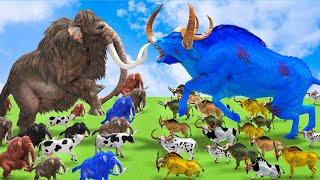 10 Mammoth Elephant vs 10 Giant Zombie bull vs 20 Giant bull Fight Cow Save By Woolly Mammoth vs Bul