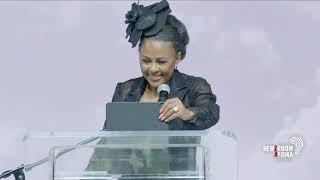 Basetsana Kumalo reads a message on behalf of Pst McCauley's wife