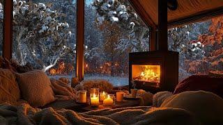 Relaxing Winter Snowfall with Soft Jazz Music on Cozy Cabin Ambience  Fireplace Sounds for Unwind