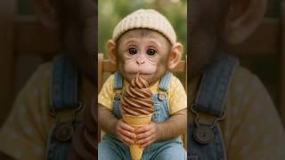 Baby Monkey Eats Ice Cream! 