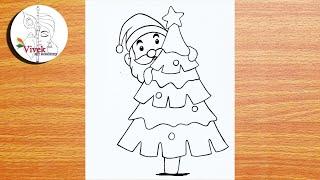 How to Draw Santa Claus behind Christmas Tree | Easy Drawing | Christmas Drawing Easy