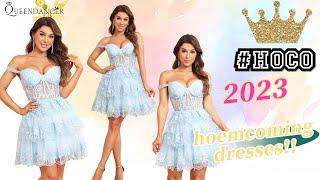 2023 Homecoming Dress , A Line Off the Shoulder Corset Homecoming Dress with Lace | Queendancer