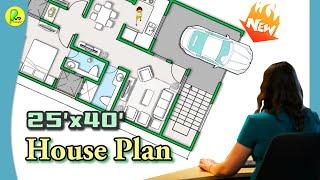 25’× 40’ house plan, 2bhk with car parking, pooja, 25 by 40 home plan, 25*40 house design #houseplan