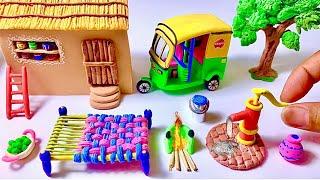 DIY how to make polymer clay miniature house, kitchen set,rikshaw, makeup set, sewing machine, tree