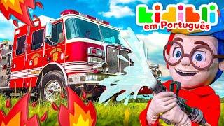 As crianças brincam com um caminhão de bombeiros de verdade | As crianças fingem brincar!  Kidibli