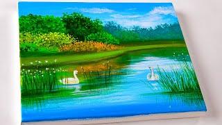 How to Paint lake water with acrylic | Painting lake scene |  Easy for beginners