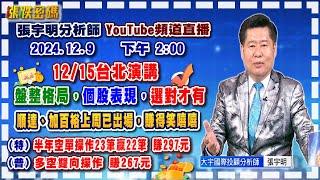 2024.12.9 張宇明台股解盤   盤整格局，個股表現，選對才有，順達、加百裕上周已出場，賺得笑嘻嘻！特會半年空單操作23筆贏22筆共賺297元！普會多空雙向操作賺267.3元【#張宇明分析師】