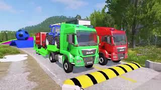 Double Flatbed Trailer Truck vs Speedbumps Train vs Cars Beamng.Drive #218  With Reverse