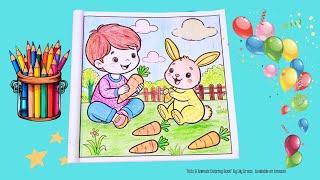 Little Boy & Bunny's Carrot Picnic  | Kids drawing and coloring page| Coloring Fun for Kids