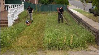 Two lawnmowing men team up to help someone out in the community