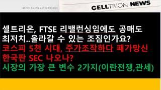셀트리온, FTSE 리밸런싱임에도 공매도 최저치..올라갈 수 있는 조짐인가요?/시장의 가장 큰 변수 2가지(이란, 의약품 관세)