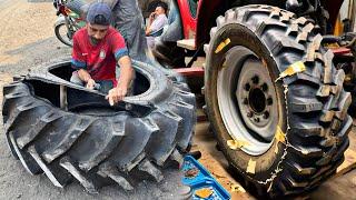 Damaged Tractors Tire Side Wall Cut Repair || How To Fix Cut Of Tire Side Wall