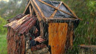 Camping alone in strong storm. Building a safe haven. Bushcraft. Camping in the rain