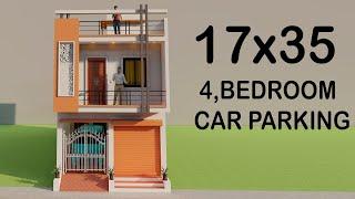 17X35 4 Bedroom Car Parking House Design,Small Shop With House Elevation,Duplex house plan