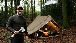 Solo Camping in 'Cabin' Tent with Woodstove, Dog, and a Winter Stew