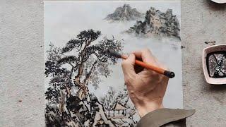 Mountain, cloud, and trees- Chinese art painting