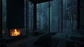 Soothing Rain & Fireplace Crackles in Cozy Shelter ️ Fall Asleep with Thunder Sounds in Forest