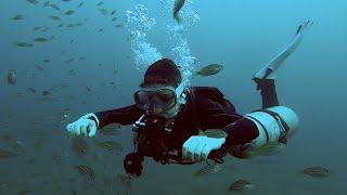 Sidemount and boat wreck, black and white. Episode 292