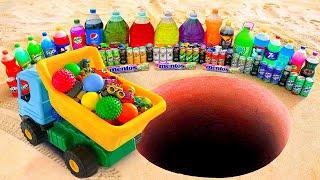 EXPERIMENT: Dump Truck vs Giant Coca Cola, Fanta, Sprite, Mtn Dew and Mentos Underground