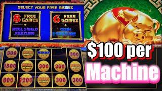 $100 x 4 machines. 2 winning slots Dollar storm Great King KPOW Big Dragon Train