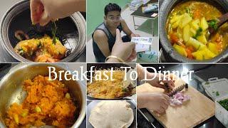 Our breakfast to dinner routine | cooking Gajar ka halva and Kerala style chicken curry