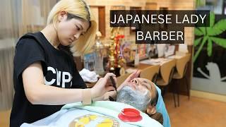 (ASMR) Cute Japanese Lady Barber Sae - Curly Hair Trim, Straight Razor Shaving, Head Wash & Spa