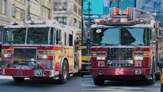 FDNY Ladder 24 Engine 1 responding to structure fire [Heavy Q siren and airhorn!!