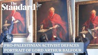 Pro-Palestine activist slashes and sprays paint on portrait of politician who paved way for Israel