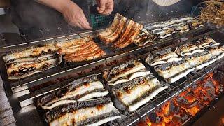 Amazing! Rice topped with charcoal-grilled eel & super crispy pork cutlet.  / Korean street food