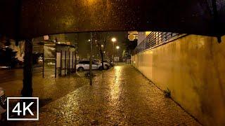 4K Lisbon -Night Walk in the Rain - Winter Tour - ASMR sounds