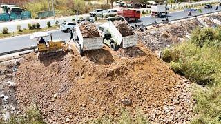 Perfectly Dump Trucks And Bulldozer Push Soils Mix Stones Project On High Land Area