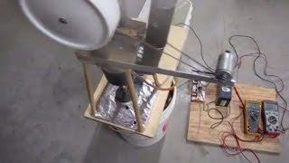 Stirling engine runs fan, pump, charges battery at same time